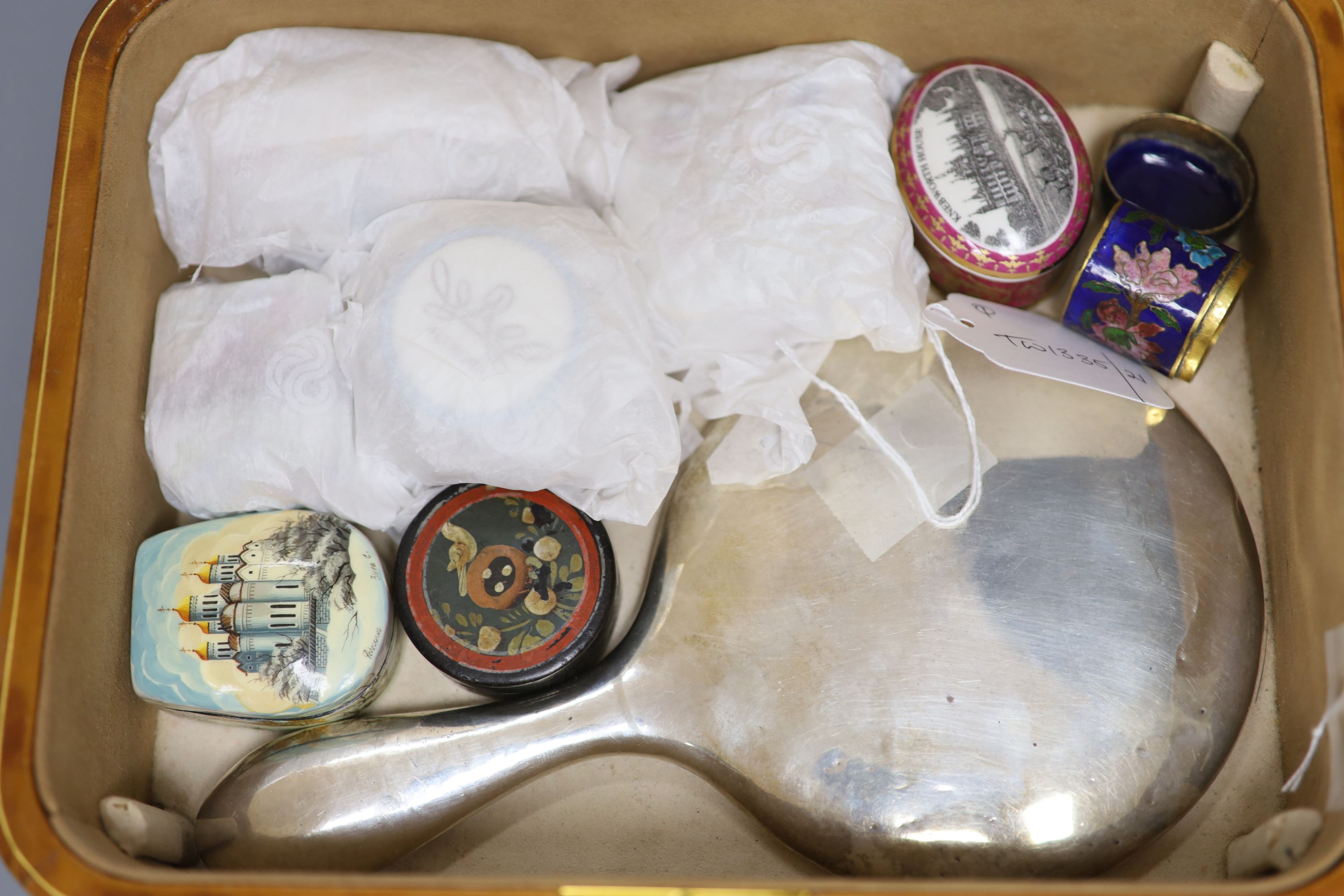 Various modern pill boxes, a pollard oak sewing box with contents, a leather jewellery case, a silver-mounted hand mirror, etc.